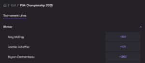 A screenshot of the 'Winner' market for the 2025 PGA Championship at Hard Rock Bet.