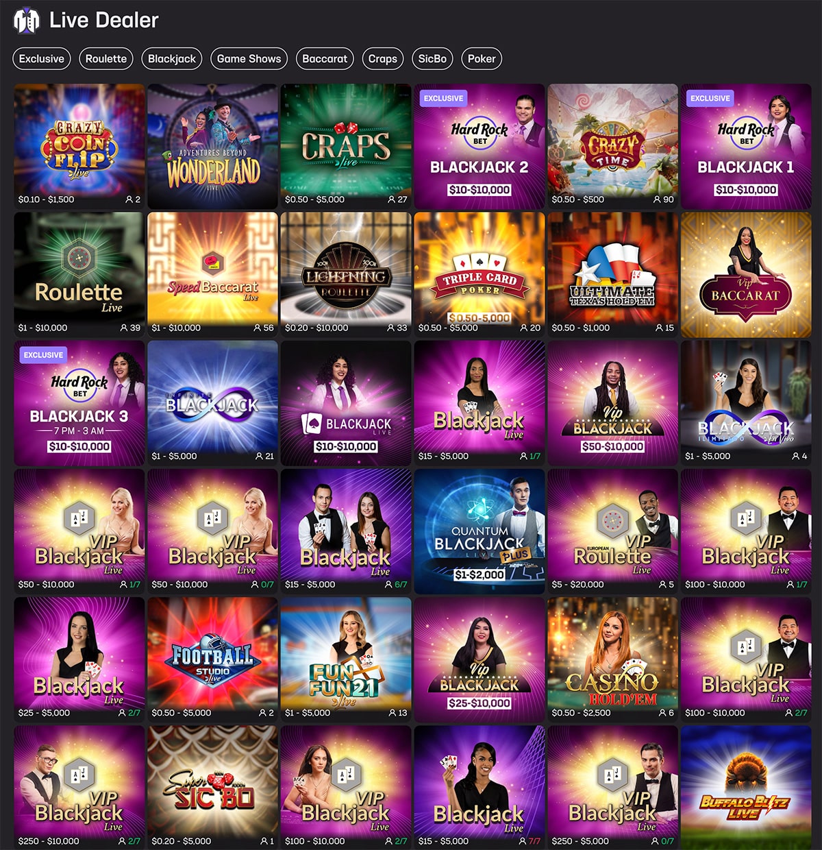 hard rock bet live dealer casino lobby