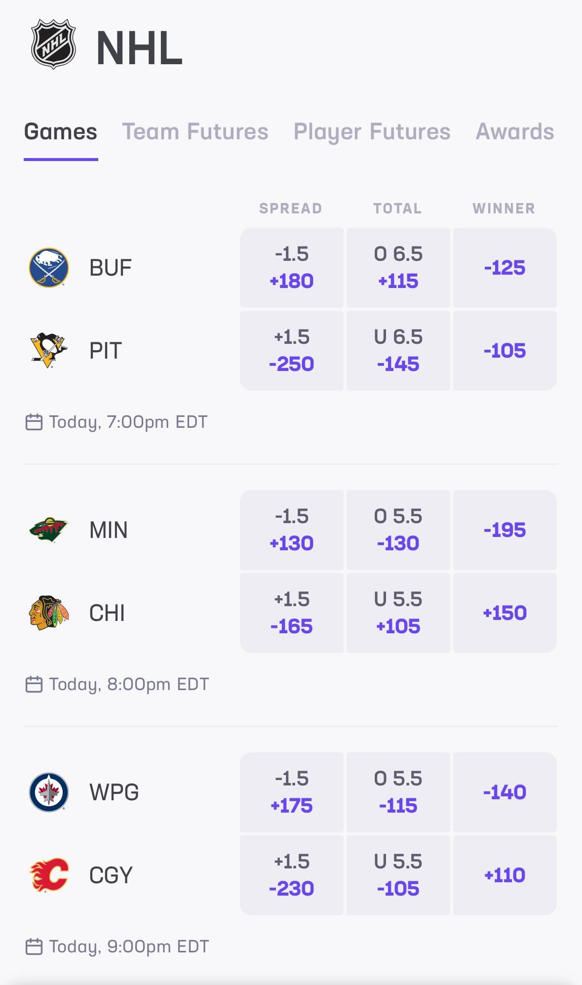 Hockey betting slate at Hard Rock Bet Sportsbook